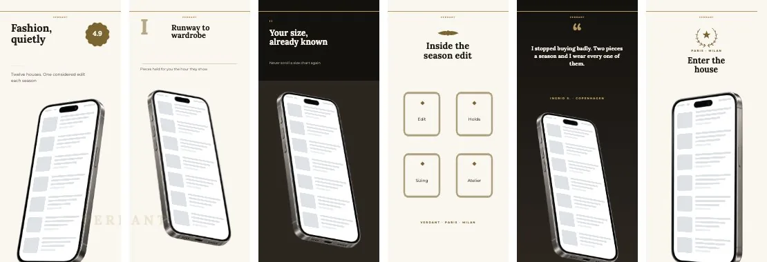 Verdant Onyx template — 6 screens